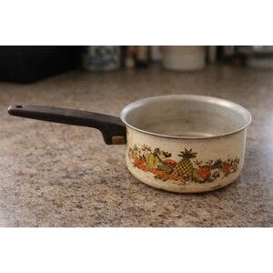 Vintage Enamelware Saucepan 1 Quart Fruit Pattern Made in USA